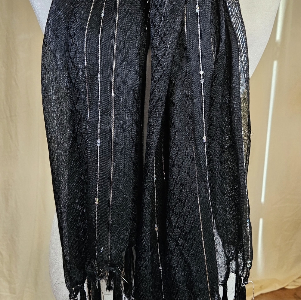 NWT Shimmery Elegant Blk & Silver Rayon Striped Sheer Scarf With Sequins & Fring - Picture 3 of 7